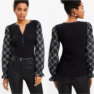 LOFT NEW Black Plaid Henley Mixed Media Blouson Shirt Top SZ Large Academia